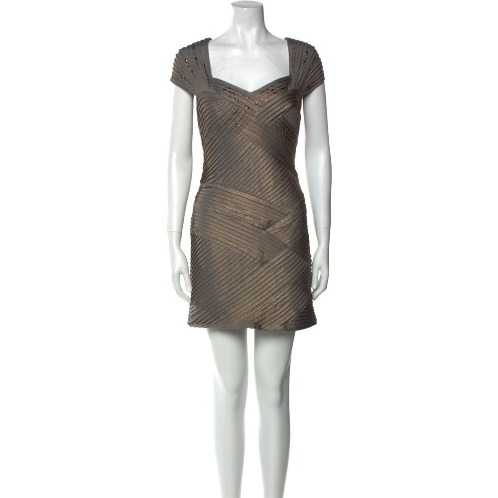 Tadashi Shoji Pewter/Gold Basket Weave Studded Stretch Bodycon Cocktail Dress M